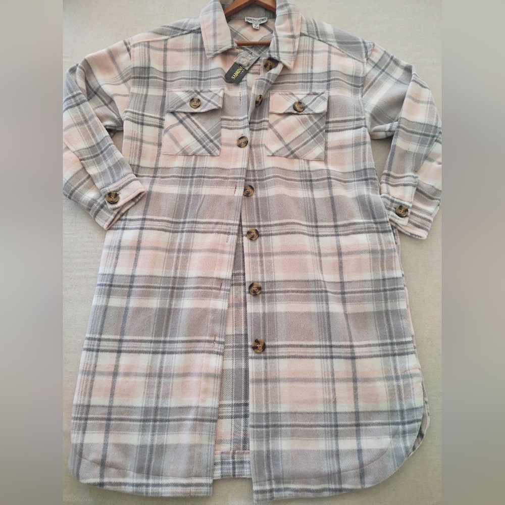 NWt PlaiD Shacket•CoaT~ Ultra Long-length~ Grey/Pink Size: MED